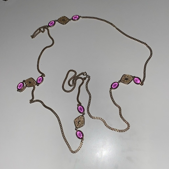 VINTAGE SARAH COVINGTON GOLD TONE PURPLE EXTRA LONG NECKLACE - Picture 3 of 4